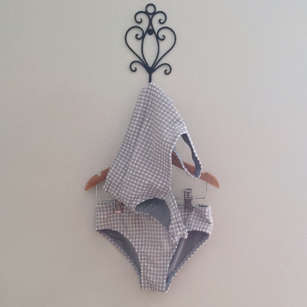 Konges Slojd Kids 7-8Y Two Piece Bathing Suit Gray Checkered Swimsuit Bikini